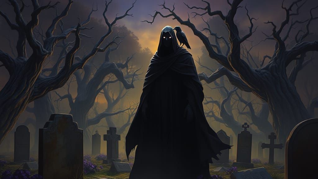 Dark Fantasy Figure in Graveyard Scene