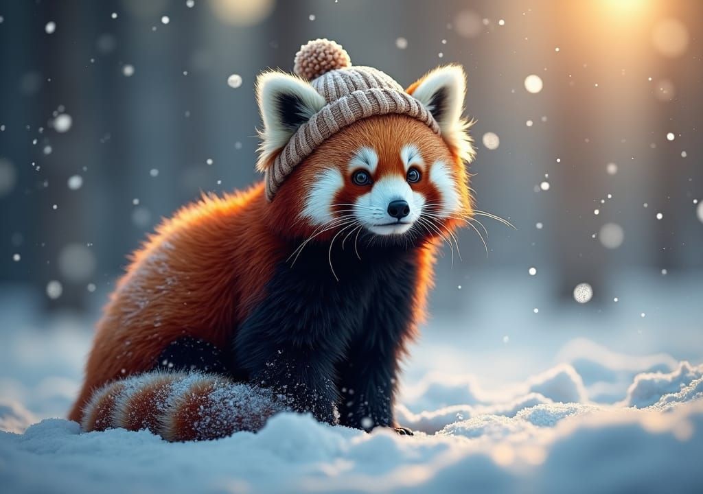 Red Panda in Snow with Trapper Hat, Fantasy Art