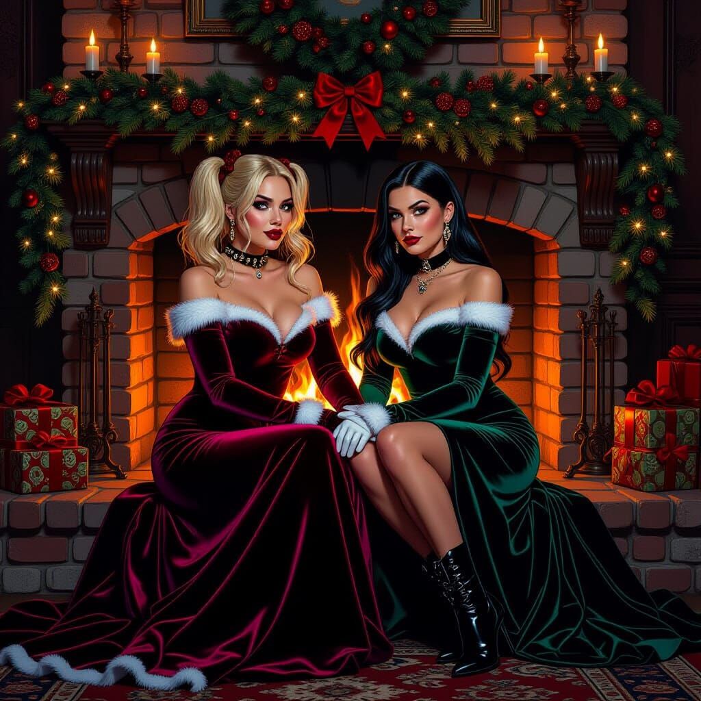 Harley Quinn & Sabrina by Fireplace in Velvet Christmas Dres...