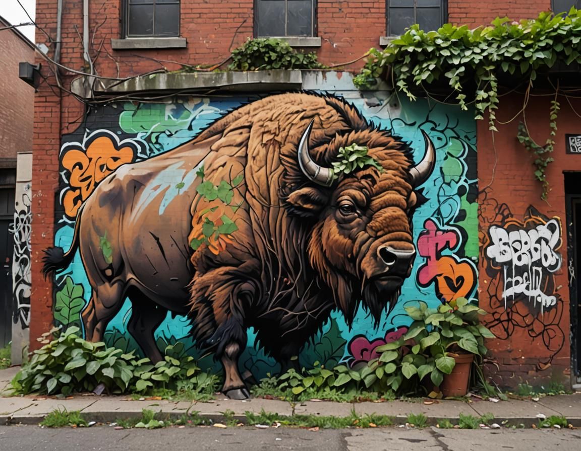 Urban Bison Graffiti Art in Ghetto Street