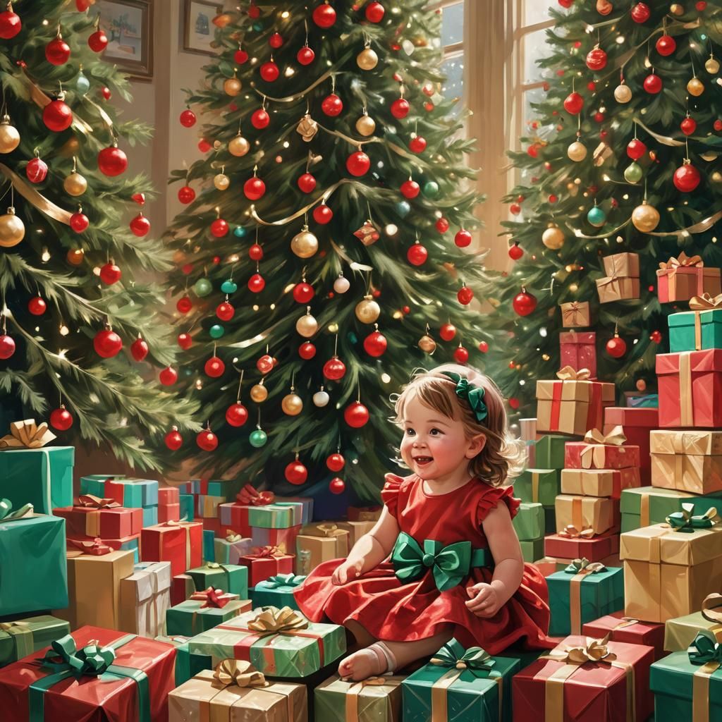 Festive Toddler Opening Christmas Gifts in Winter Wonderland