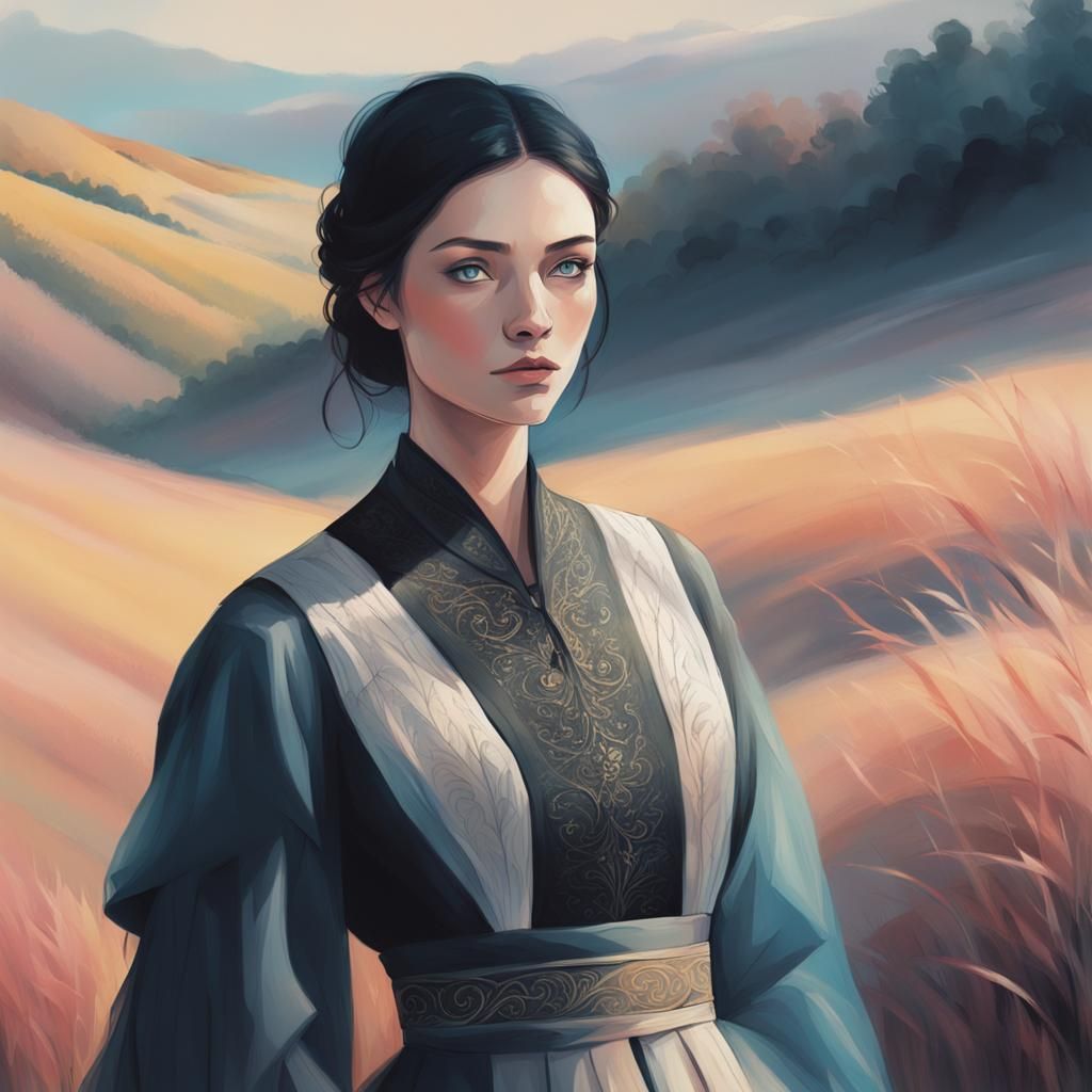 Elegant Woman in Serene Landscape, Soft Pastel Art