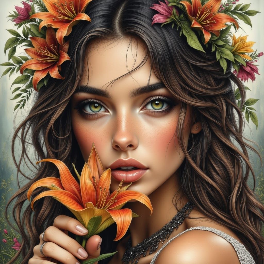 Bohemian Woman with Lily in Art Nouveau Style