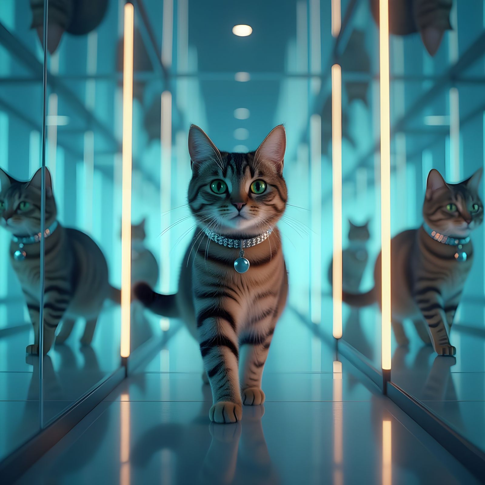 Friendly Cat Navigates Hyperrealistic Mirror Maze