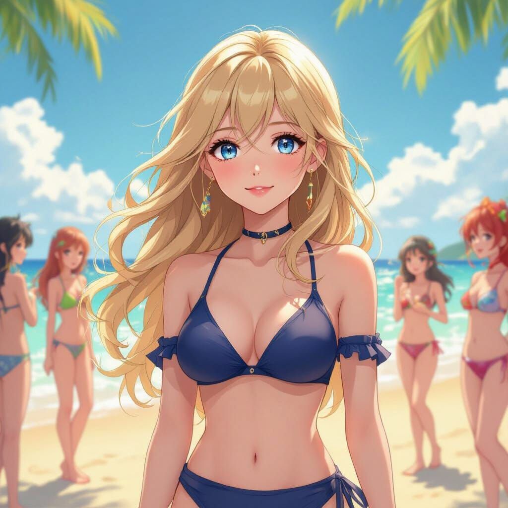 Beautiful Blonde Girl on Vibrant Anime Beach
