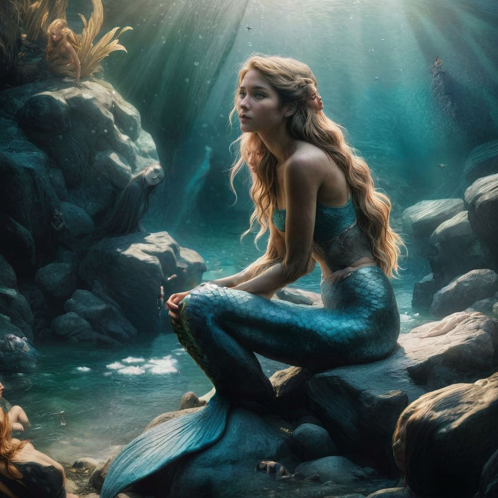 Crying Mermaid on a Rock: Cinematic Film Still
