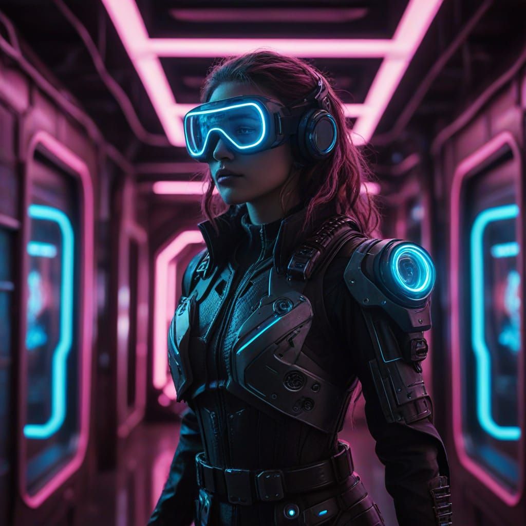 Cyberpunk Lady in Steampunk Spaceship Corridor