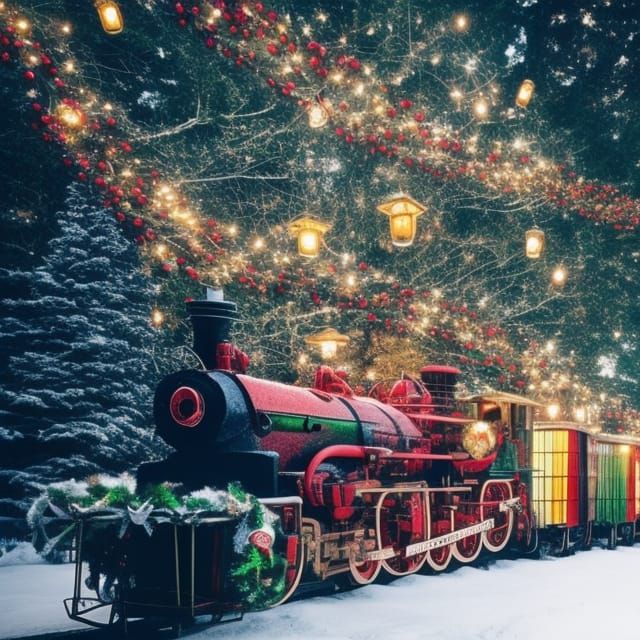 Festive Christmas Train with Lanterns and Garlands