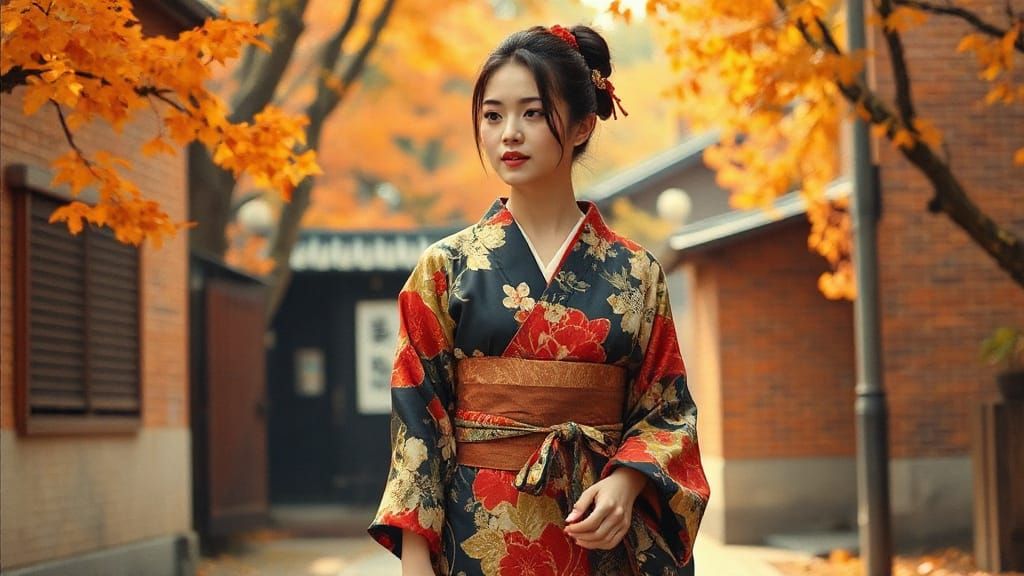 Elegant Japanese Woman in Kimono, Alcohol Ink Painting