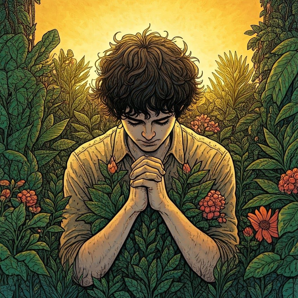 Meditative Figure in Lush Sunset, Modern Whimsical Art