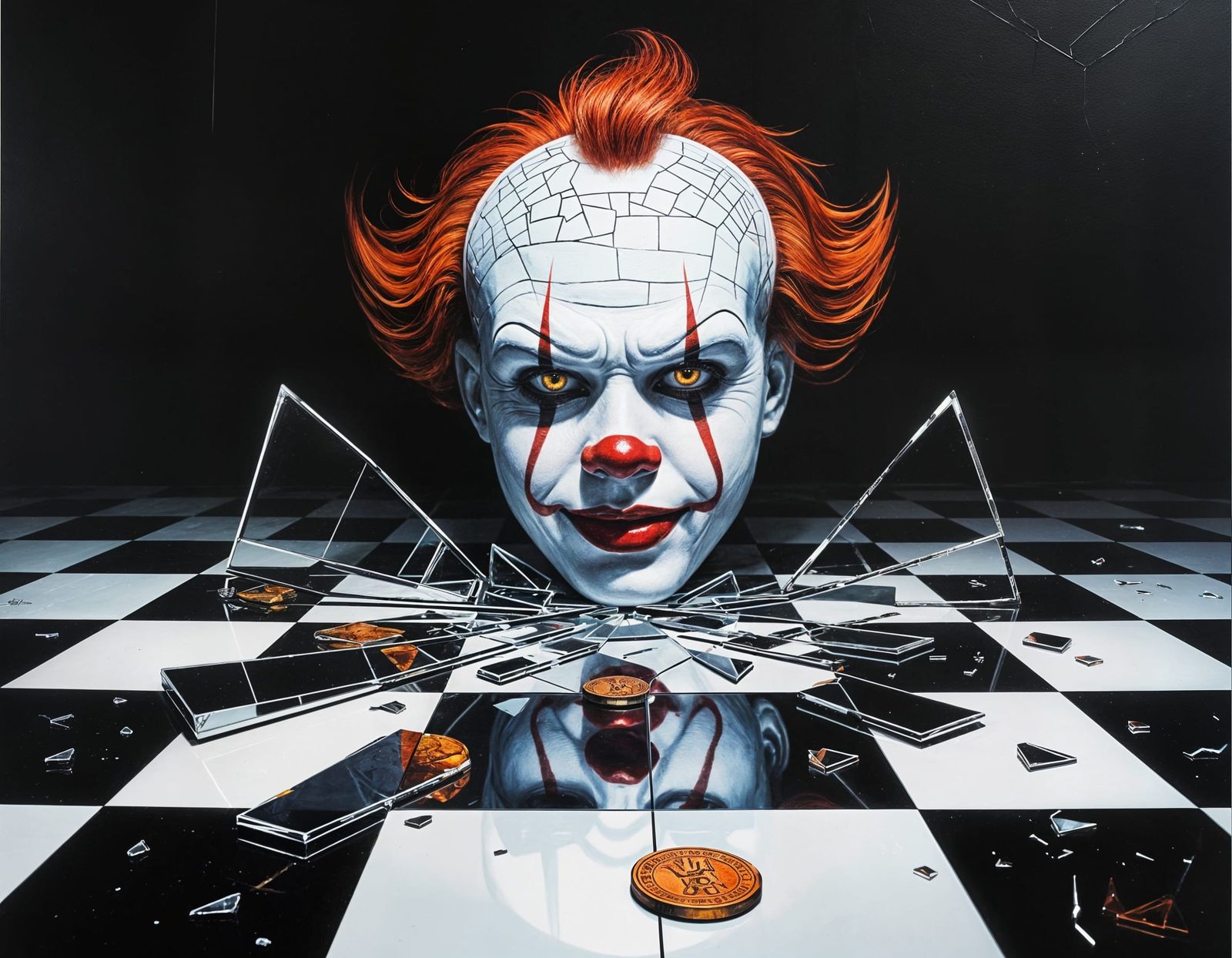 Surreal Oil Painting of Shattered Mirror and Pennywise Mask