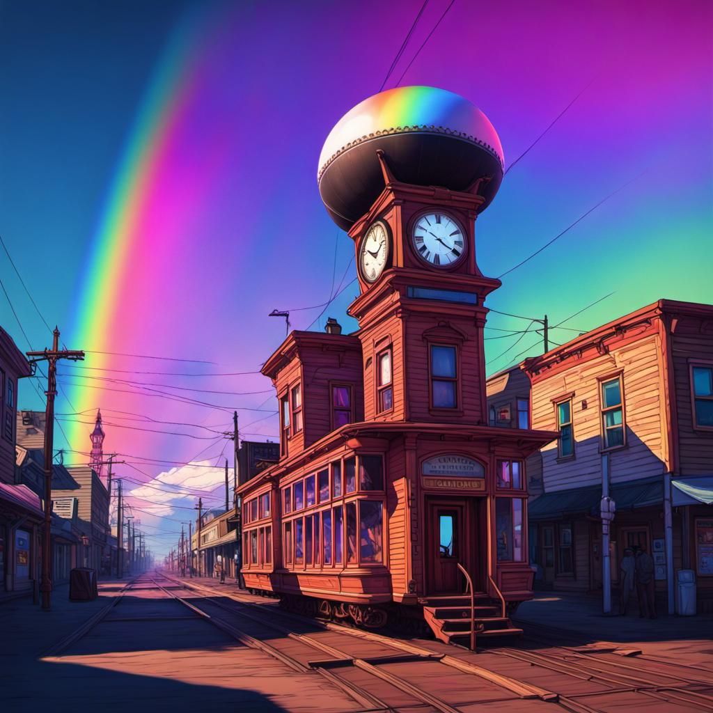 Old West Scene with Train and Airship in Synthwave Style