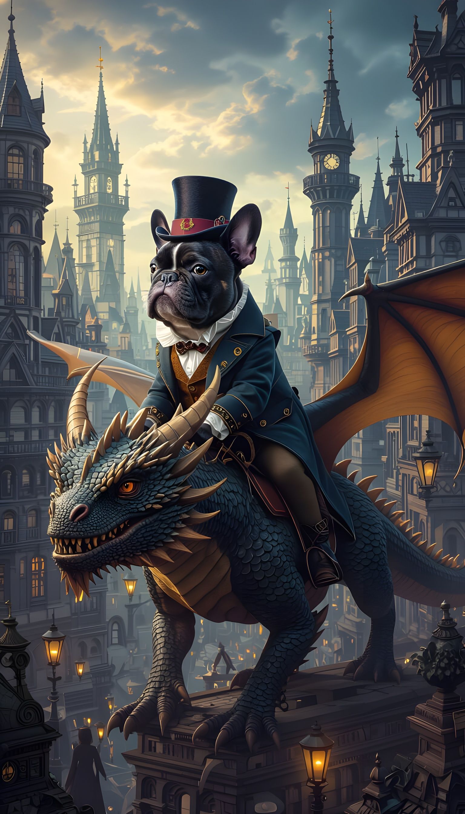 French Bulldog on Fire-Drake in Victorian City