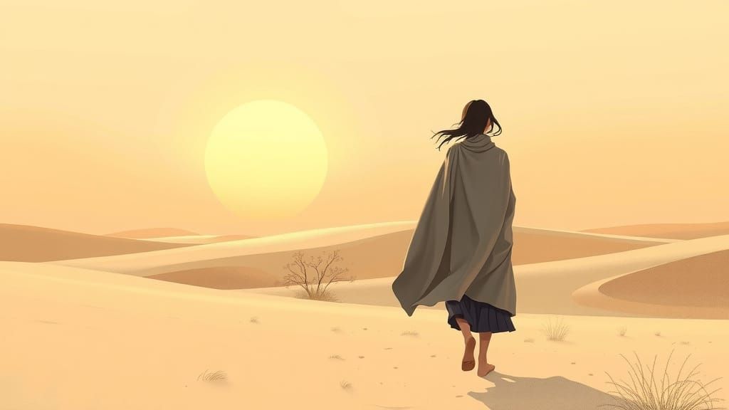 Lone Figure Walking in Sepia Desert Sunrise