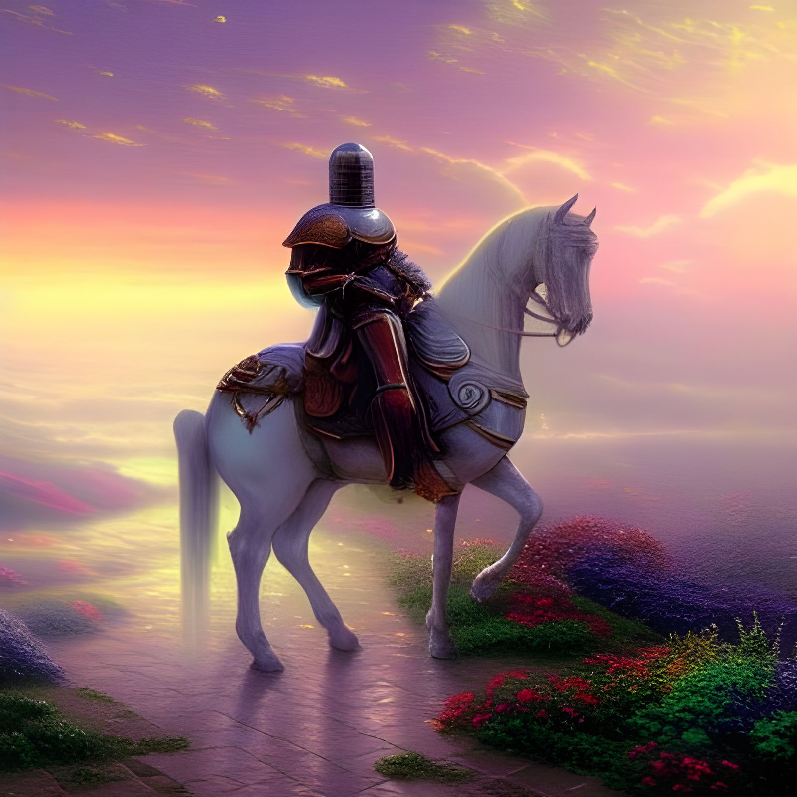 Knight in Shining Armor Under Ethereal Sky