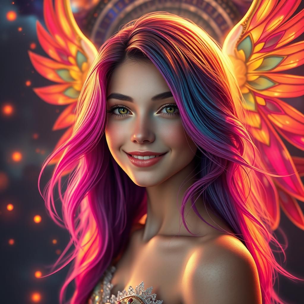 Angelic Girl with Vibrant Hair in Fantasy Realism