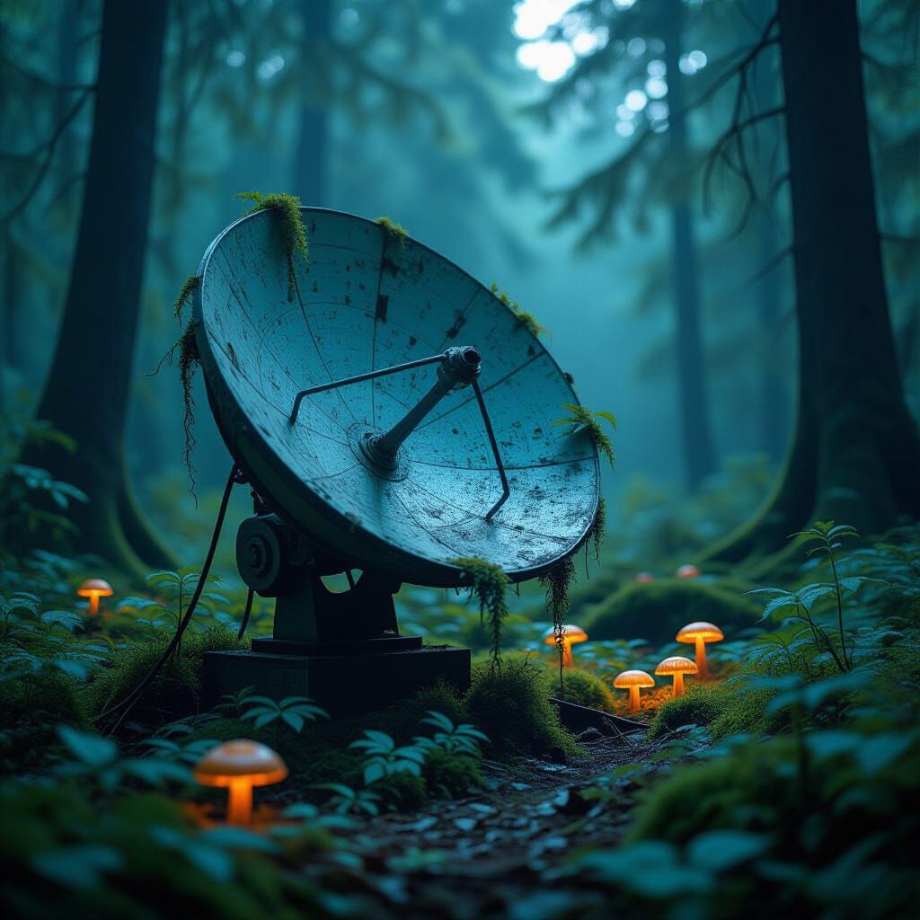 Sentient Vines Consume Y2K Satellite Dish in Eerie Forest