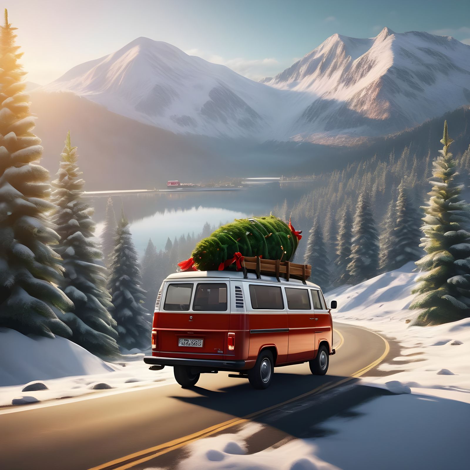 Surreal Winter Scene of a Red Van Carrying a Christmas Tree...