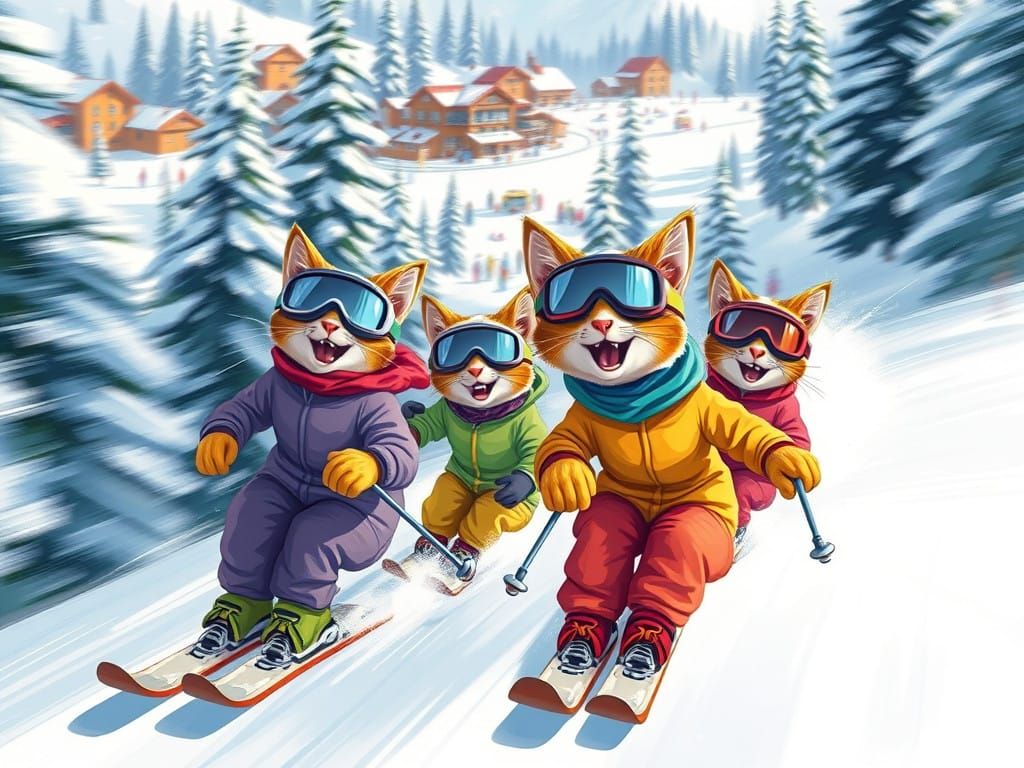 Vibrant Cats Speed Down Snowy Slope in Whimsical Winter Scen...