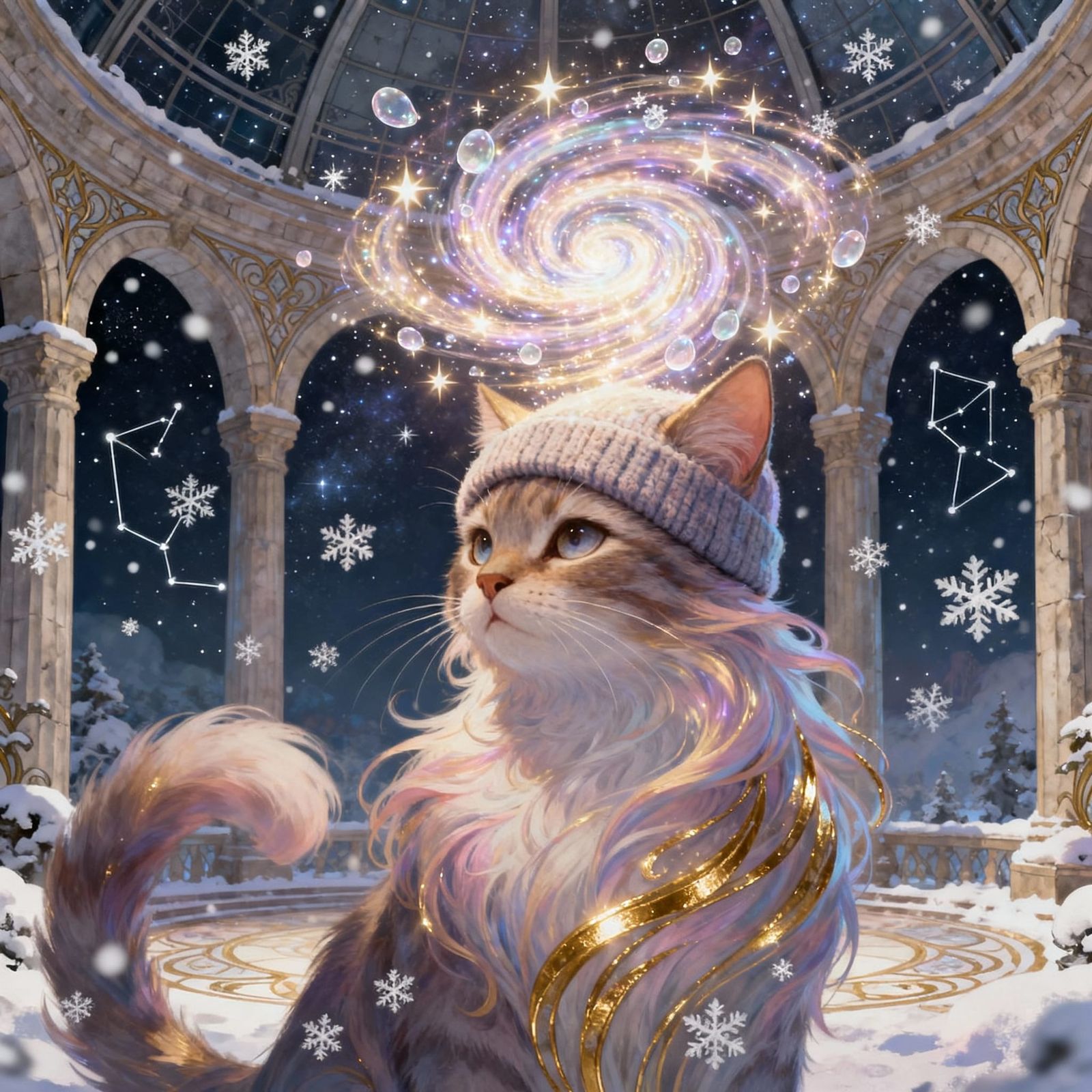 Feline Mage Conjuring Starlight in Celestial Observatory