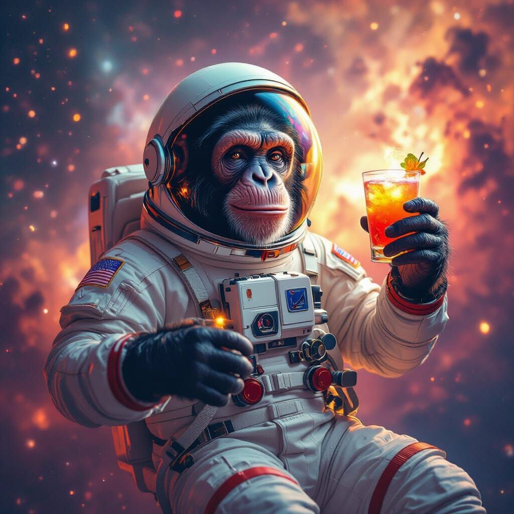 Chimpanzee Astronaut in Nebula: Hyperrealistic Film Still