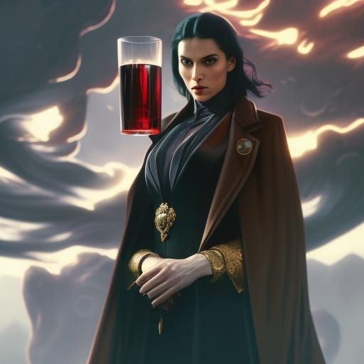 Vampire Portrait with Glass of Blood in Art Nouveau Style