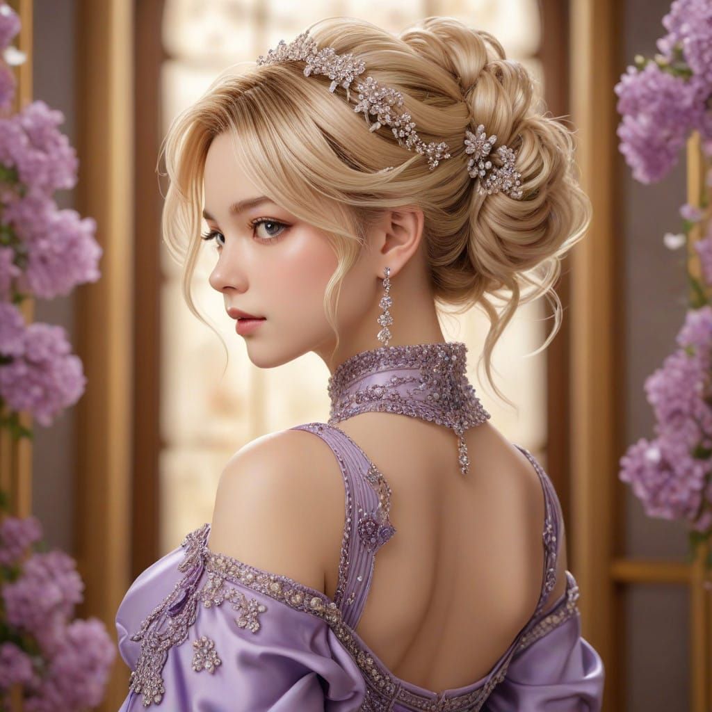 Elegant Anime-Inspired Ingénue in Vibrant Silken Gown