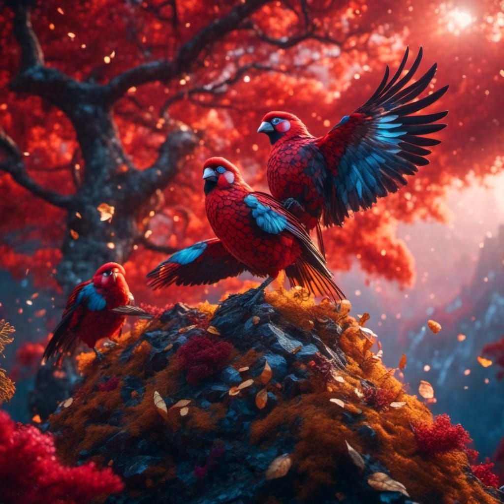 Golden and Red Birds Fly Over Mystical Forest
