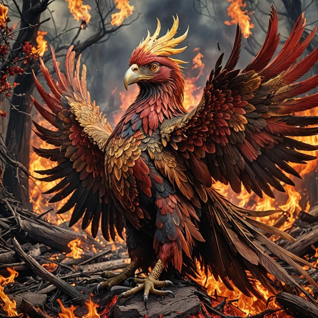 Phoenix Rising: Hyperrealistic Bird of Fire and Gold
