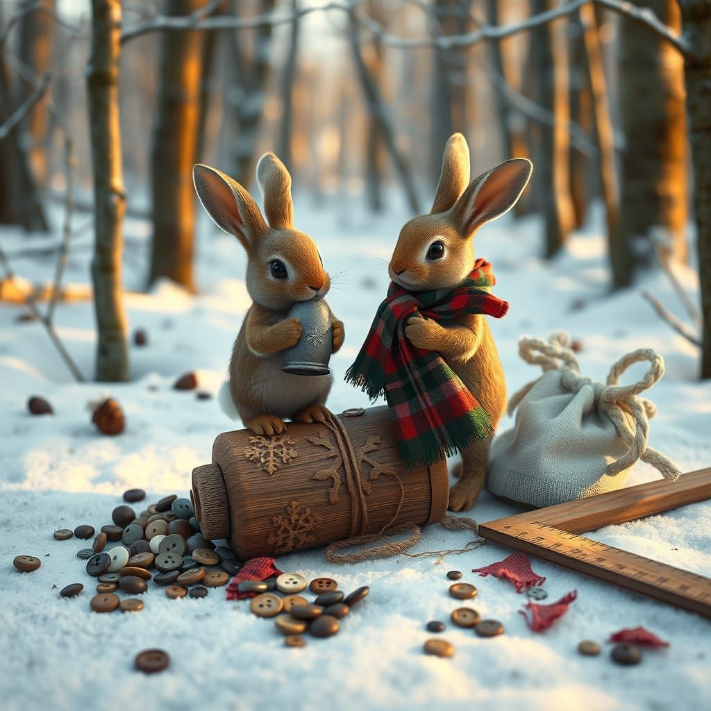 Surreal Winter Wonderland with Whimsical Bunny Characters in...