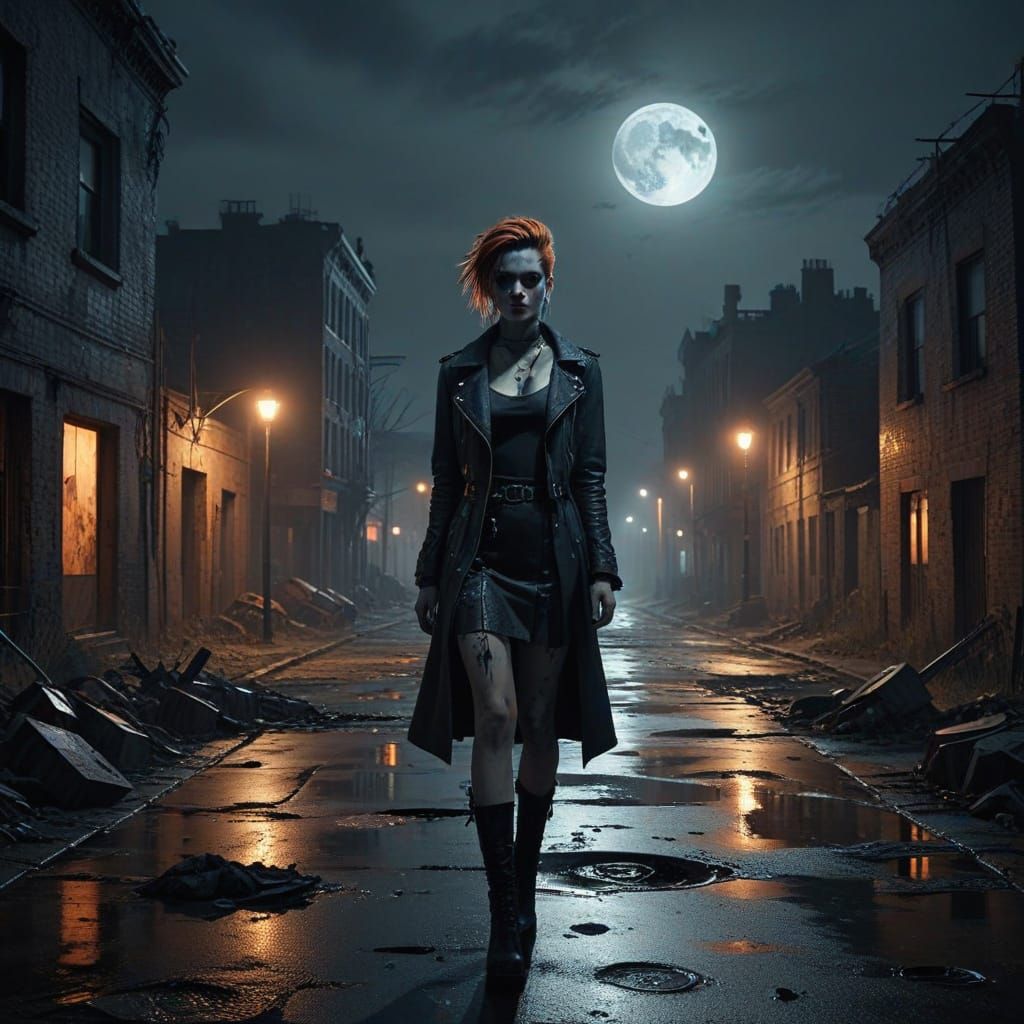 Gothic Punk Lady Walks Through Desolate Night Street