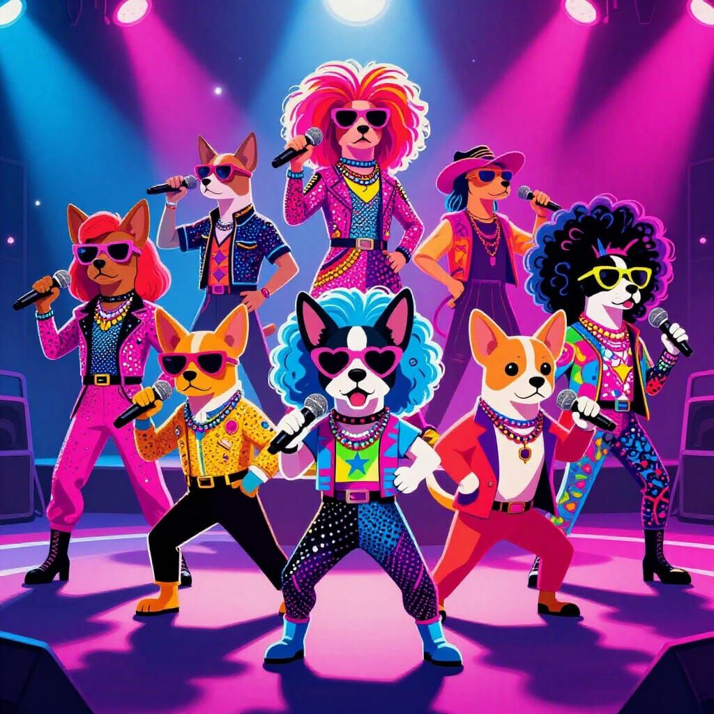 Pop Star Dogs on Neon Stage in Retro Style