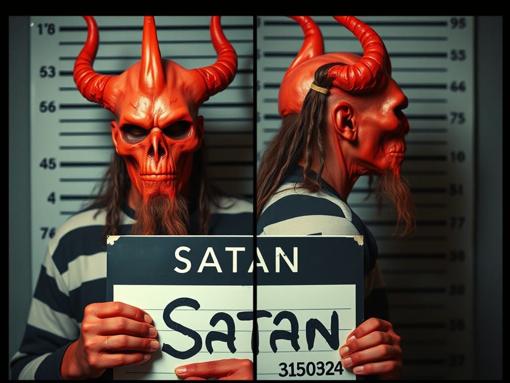 Cinematic Film Still of Satan's Mugshot