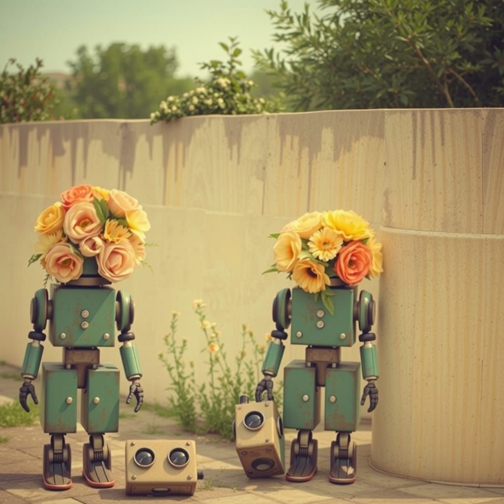 Robots with Flower Bouquets in Vintage Style