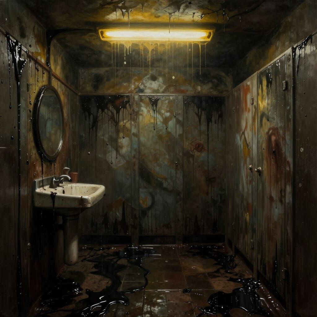 Horror Subway Bathroom Covered in Dripping Black Goo