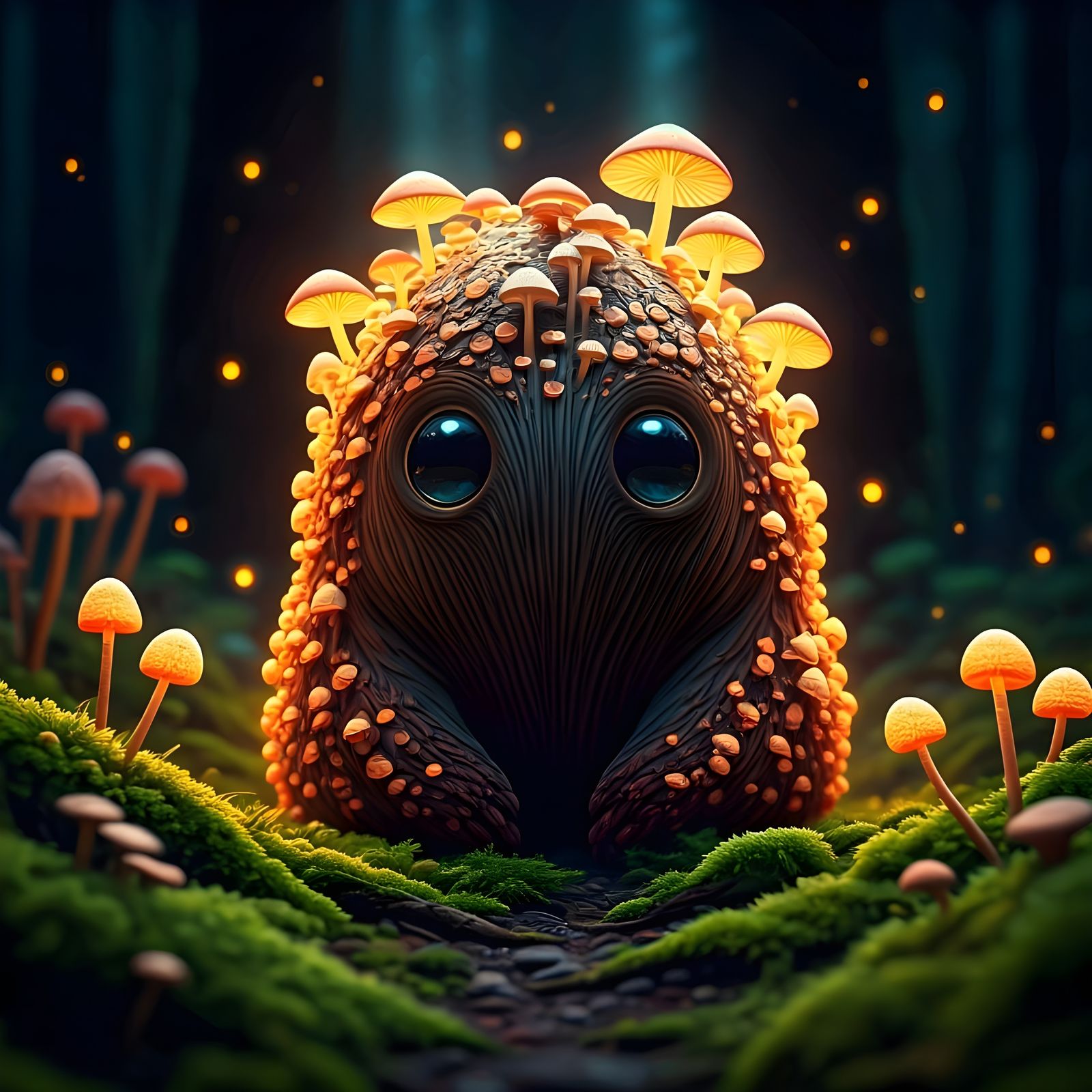 Whimsical Mushroom Forest Creature in Vibrant Neon Colors