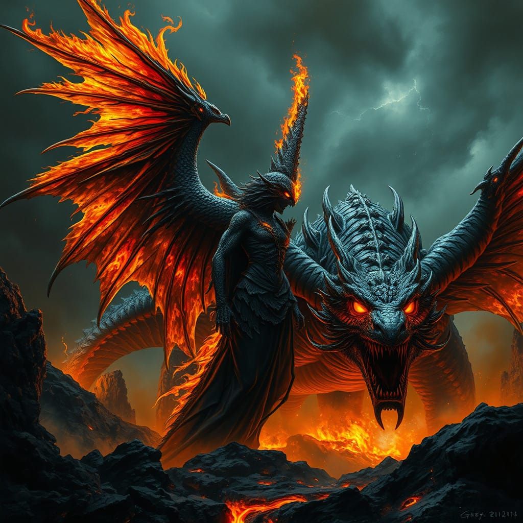 Majestic Dark Fantasy Creature in a Volcanic Landscape