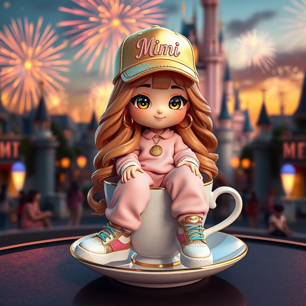 Chibi Character on Teacup in Disney Castle Scene