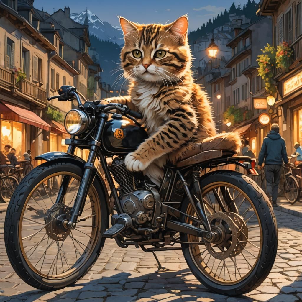Kitten on Bike at Dawn: Watercolor Concept Art