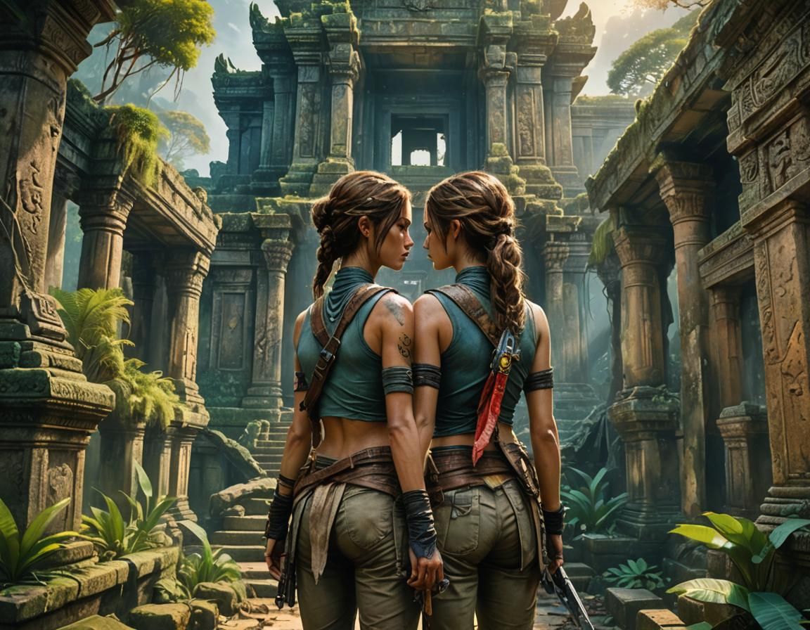 Twin Adventurers Face Dragon in Ruined Temple