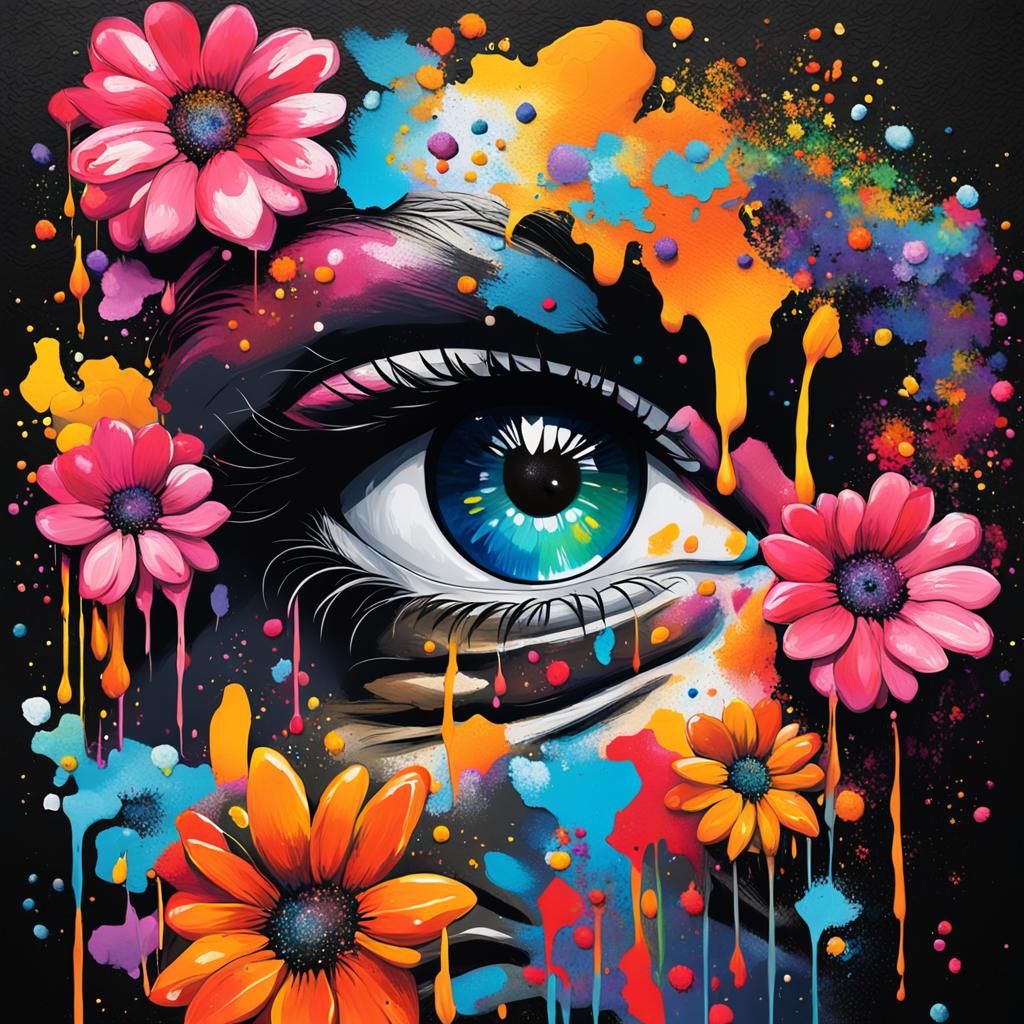 Woman with Floral Eyes in Graffiti Art Style