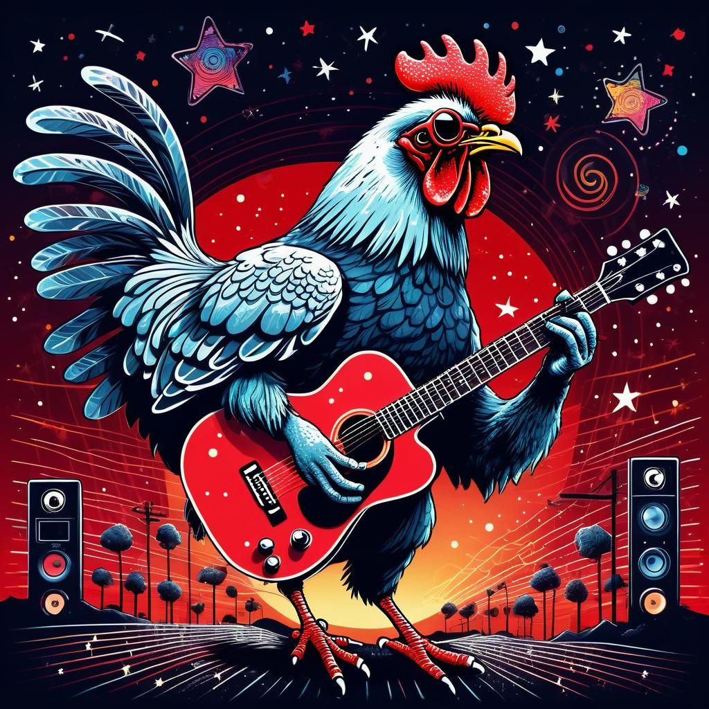 Psychedelic Little Red Rooster Guitarist in Red Night