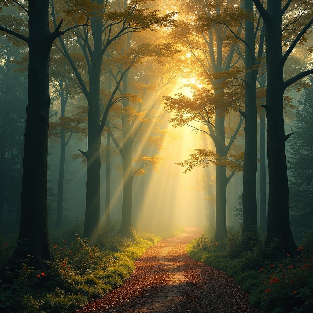 Golden Hour Forest Path in Mystical Style
