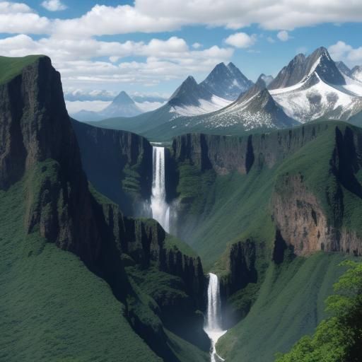 Distant Waterfall and Mountain Serenity