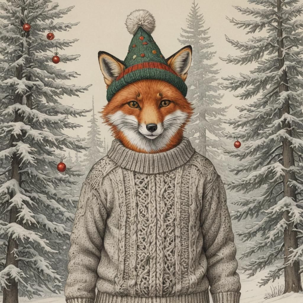 Christmas Fox in Sweater, Animated Style
