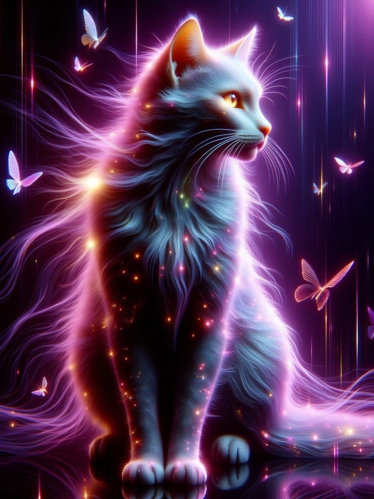 Elegant Cat with Butterflies in Cyberpunk Neon Style