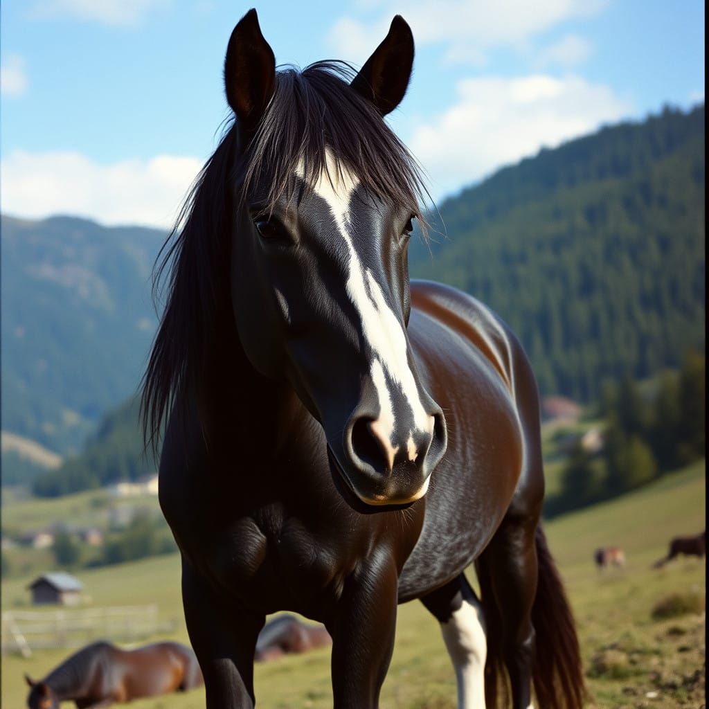 Epic Cinematic Portrait of a Majestic Black Horse in a Seren...