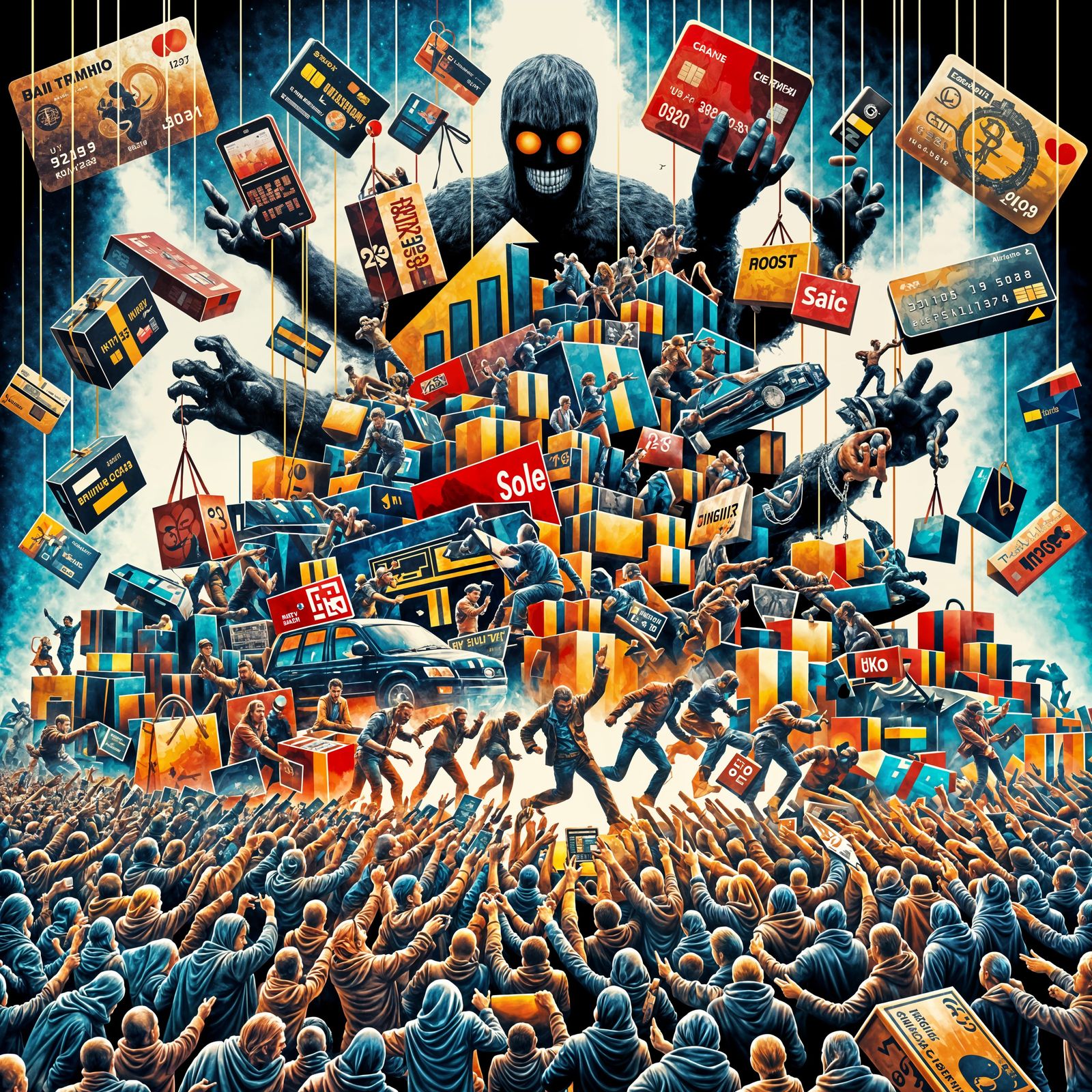 A Surreal Critique of Consumer Culture in Stark Black, Red,...