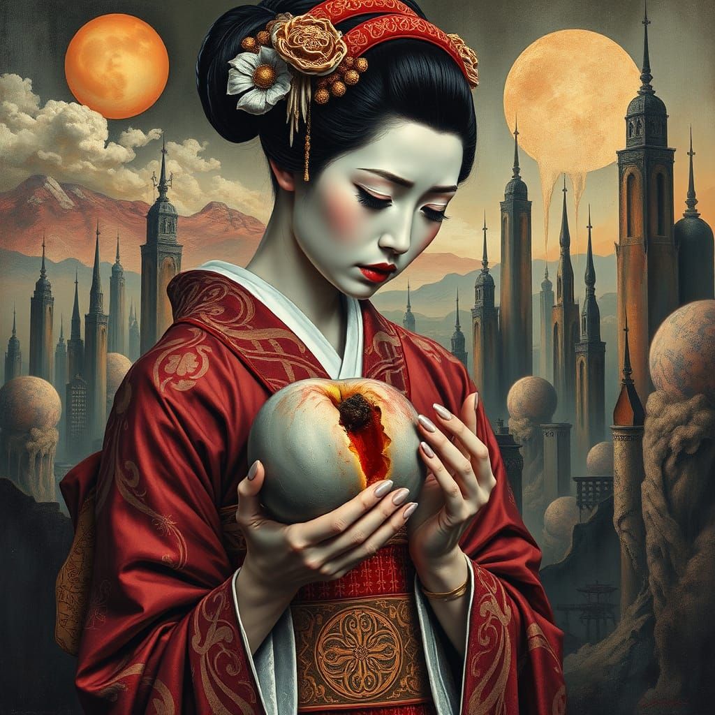 Geisha's Grief: Surreal Impasto Peach Decay