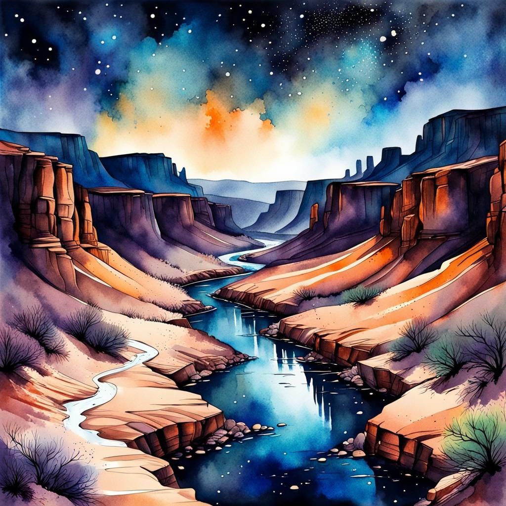 Desert Canyon at Night: Ink Splatter Watercolor